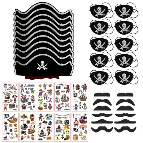 BDSHUNBF Pirate Children's Birthday Set, 10 Pieces Pirate Hat Children 10 Pieces Pirate Eye Patch Children Pirate Tattoo Sticker Pirate Beard, Piraten Deko, Kostüme und Partyzubehör Piratenhut von BDSHUNBF