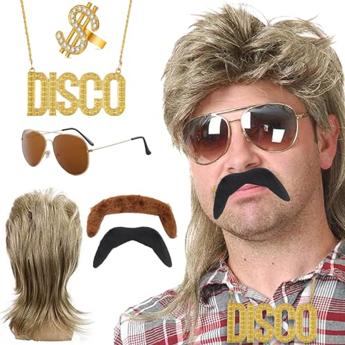 BDSHUNBF Vokuhila Perücke 70er 80er Blond Mullet Perücke Herren Lang mit Sonnenbrille Halskette Ringe Falscher Bart Cosplay Kostüm Halloween Perücke Retro Disco Punk Rocker Perücken von BDSHUNBF