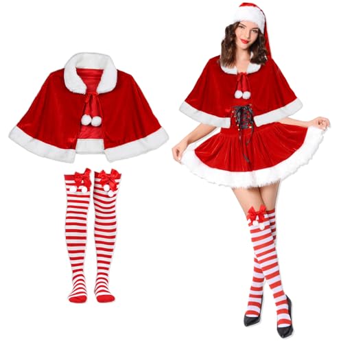 BDSHUNBF Weihnachten Santa Umhang Mit Ringelsocken, Weihnachtsmantel Cape Damen, Rot Samt Mantel, für Weihnachten Kostüm Party von BDSHUNBF