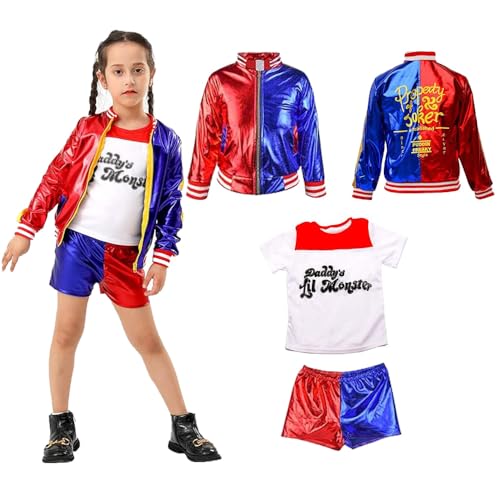 BDwing Harley Quinn Kinder, Harley Quinn Kinder Kostüme Mädchen Kinderkostüm Harley Quinn Cosplay Kostüm mit Jacke, T-Shirt, Shorts，Cosplay Kleid Kostüme für Karneval Clown von BDwing