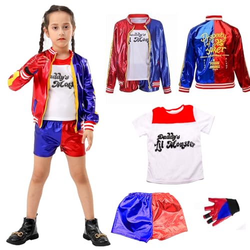 BDwing Harley Quinn Kinder Kostüme, Harley Quinn Kinder Kostüme Mädchen Kinderkostüm Harley Quinn Cosplay Kostüm mit Jacke,T-Shirt,Shorts,Handschuhe,Cosplay Kleid Kostüme für Karneval Clown von BDwing