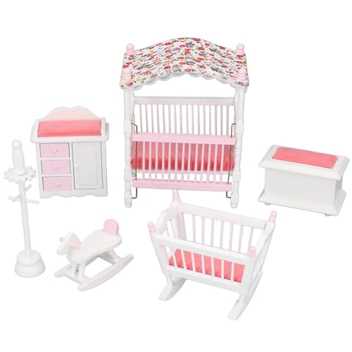 BEAHING 1 12 Skala Dollhouse Accessoires, 6pcs Baby Kindergarten Möbel Set 1/12 Skala Hölzer Miniatur Baby Kindergarten Set Realistic Baby Nursery Dollhouse Accessoires, Puppenhauszubehör von BEAHING