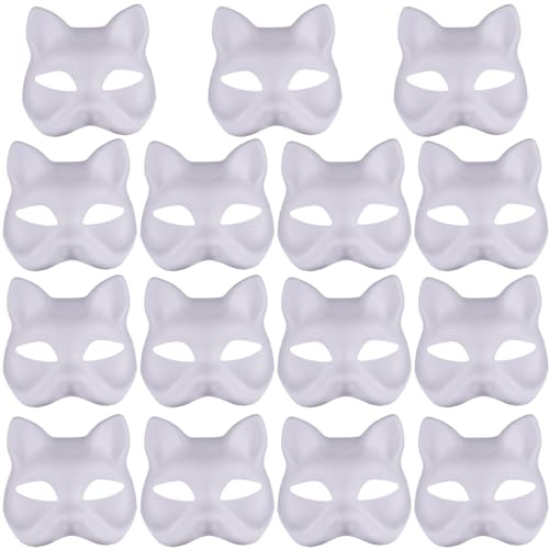 BEAHING 15pcs Katzenmaske, leere theriane Masken weiße Papierkatze Masken mit Halbfuchsmaske Tierkleidermasken DIY Weiße Masken für Maskerade Halloween Party von BEAHING