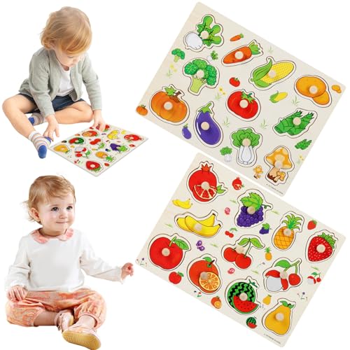 BEAHING 2pcs hölzerne Peg-Rätsel, farbenfrohe Frucht- und Gemüsestile Peg-Rätsel, Montessori-inspirierte pädagogische Holzrätsel passende Spiel für das Alter 3-7 Jahre altes Kind, Holzpeg-Rätsel von BEAHING