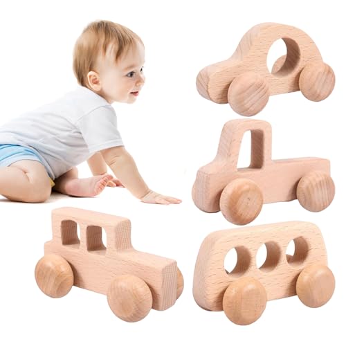 BEAHING 4pcs Holzspielzeugautos für Babys sensorische Greifmotorkenntnisse Baby Spielzeug süße Glatte leichte umweltfreundliche Push-Holzautos für Jungen Mädchen Kleinkinder, Holzautos von BEAHING