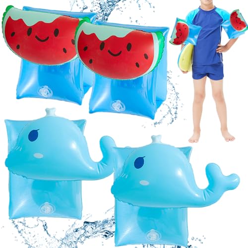 BEAHING Aufblasbare Arm Floaties für Kinder 2 Paar niedliche Cartoon Schwimmarmbänder mit Ventil hoher Auftrieb PVC Kids Floh -Schwimmtraining Ausrüstung, Wassermelone + Wal von BEAHING