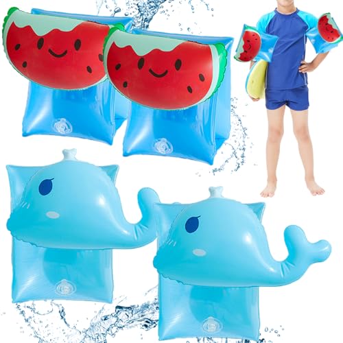 BEAHING Aufblasbare Arm Floaties für Kinder 2 Paar niedliche Cartoon Schwimmarmbänder mit Ventil hoher Auftrieb PVC Kinder Schwimmbad Training, Wassermelone + Wal, Wasser von BEAHING