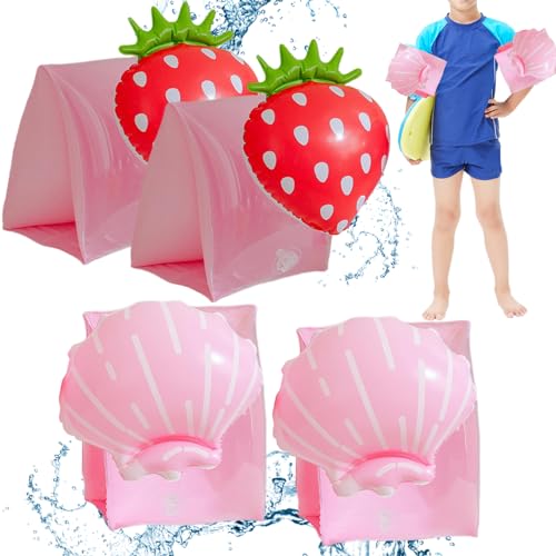 BEAHING Aufblasbare Arm Floaties für Kinder 2 Paar niedliche Cartoon Schwimmarmbänder mit Ventil hoher Auftrieb PVC Kinder Schwimmtraining Ausrüstung, + Strawberry von BEAHING