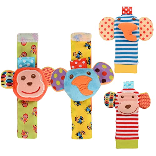 BEAHING Baby Rassel Spielzeug Handgelenk Glockenfinder Socken Set Entwicklungstextur süßes weiches Tierkind für Neugeborene Mädchen Jungen 4pcs Baby Rasselspielzeug von BEAHING