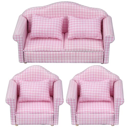 BEAHING Dollhouse Couch, Holzpuppenhausmöbel Set, 3pcs/Set 1: 12 Skala Doppel ＆ Einzelpuppenhaus Couch mit Kissen, Miniatur -Puppenhausmöbel für Dollhouse -Szenendekoration von BEAHING