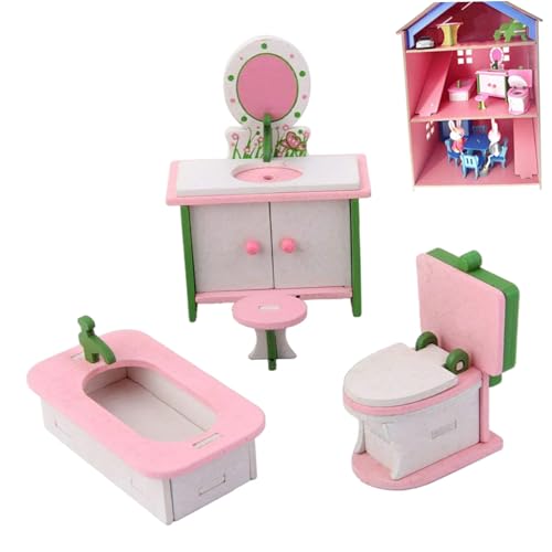 BEAHING Dollhouse Holzmöbel Set Miniaturstuhl Kommode Badewanne Toilettenmodell Doll Haus Zubehör Puppenhaus Miniaturmöbel von BEAHING