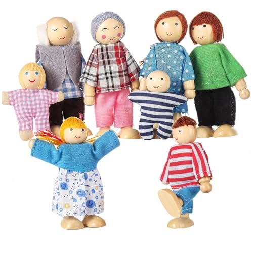 BEAHING Dollhouse Menschen, 8 Familienfiguren Holzpuppen poable niedliche Puppenhaus -Persönlichkeiten für Mädchen Jungen Kleinkinder Kinderpuppenzubehör Accessoires von BEAHING