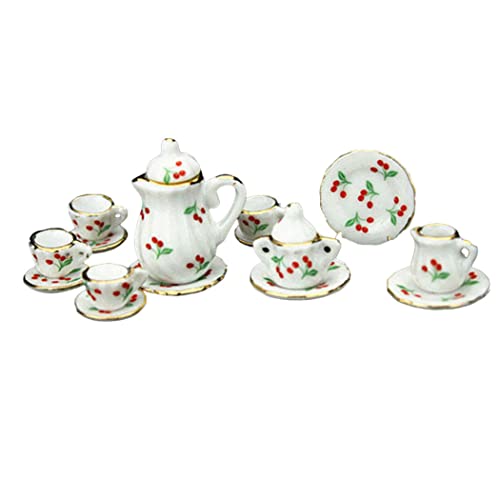 BEAHING Dollhouse Miniature Tee -Set Porzellan Tasse Pot Teller Blumenkirschdruck 1:12 Accessoires Esswaren 15pcs Dollhouse Miniature Tee Set von BEAHING