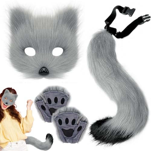 BEAHING Fox Kostüm 1 Set Realistisches pelziges Kostüm umfasst Fox-Maske, Fox Tail und Fox Paws Durchschnittliche Größe hautfreundliches Kostüm für Cosplay, Dress-up, Party, Halloween, Fox-Kostüm von BEAHING