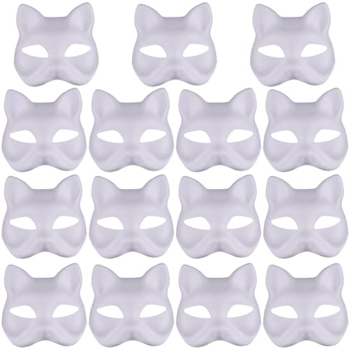 BEAHING Fox Maske, 15 Stcs Fox Cat Maske, weiße Papierkatze Masken DIY Lackierbar Blindmasken halbe Gesichtsmasken Therianische Maske für Partybevorzugungen, Maskerade -Prop, Katzenmaske Therian von BEAHING