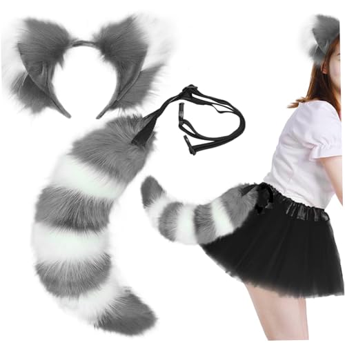 BEAHING Fox Ohren und Schwanzset, Faux Therian Tail, pelzige Fuchs Ohren Stirnband, Kunstfell Therianer Schwanz, niedliches Fuchskostüm für Erwachsene Kinder Cosplay -Party -Kostümzubehör, Grau von BEAHING