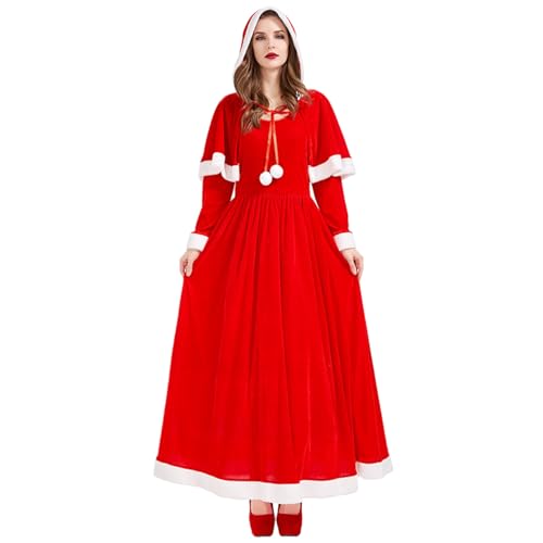 BEAHING Frau Claus Kostüm erwachsene Frauen, weich bequemer runder Nacken Frau Claus Kleid mit Kapuzenschal, Weihnachtskostüm mit großen Hemlen für Frauen Xmas Cosplay Party, Weihnachtskostüm von BEAHING