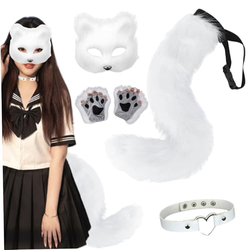 BEAHING Fuchsohren und Schwanz, pelziges Fuchskostüm mit flauschiger Maske, Kragen, Pfotenhandschuhen ＆ Schwanztherian für Halloween -Party -Cosplay von BEAHING