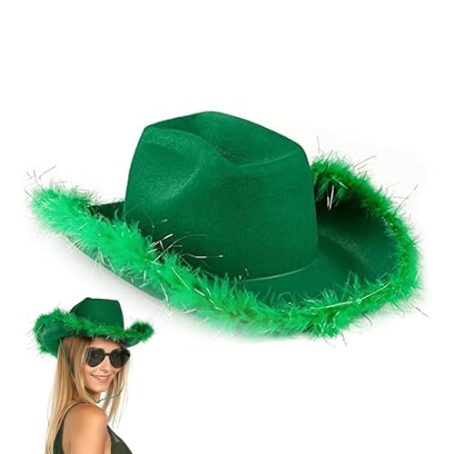 BEAHING Green Cowgirl Hut Fluffy Cowboyhut mit glitzerem Weitkrempe Western Party Hut mit verstellbarer Schnur für Cosplay -Hen -Party -Kostüm -Accessoire, Western Party Hüte von BEAHING