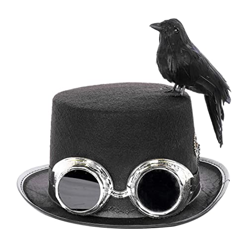 BEAHING Halloween Hut mit Schutzbrille und Crow, Black Steampunk Top Hut Halloween Cosplay Hut Retro Style Cap Requisiten für Halloween -Party von BEAHING