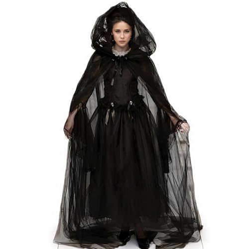 BEAHING Hexenkostüminnen Frauen, Hexkostüm Halloween Vintage Renaissance besticktes Geisterbraut Kostüm gruselig Schwarz Ghost Kostüm für Halloween, Cosplay Haunted Mansion (Schwarz), Ghost Costüm von BEAHING