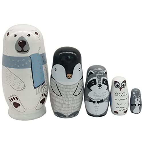 BEAHING Hölzerne russische Nistpuppen, 5pcs niedliche Matryoshka Polar Bärer Penguin -Owl -Puppen, Kinder, die handgefertigte Matryoshka -Puppen stapeln von BEAHING