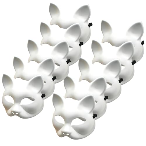 BEAHING Katzenmasken zum Malen, 10 PCs Therian Masken, leere Fox -Katzenmasken Plastik DIY leere Masken weiße halbe Gesichtsmasken handgemalte Persönlichkeitsmasken für Maskerade Cosplay Party von BEAHING