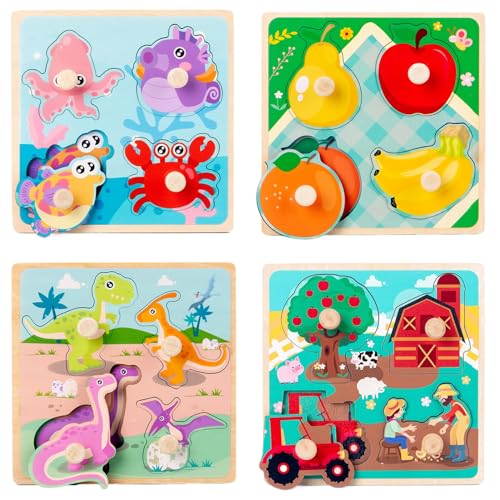 BEAHING Kinder Rätsel, 4pcs Holzrätsel für Kleinkinder 1-3 niedliche Cartoon Kleinkind-Puzzle mit Griff von BEAHING