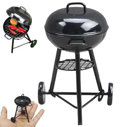 BEAHING Miniaturgrill, Miniaturgrill Ofen Modell 3,5 Zoll 1/12 Skala Puppenhauszubehör Realistische runde Outdoor Grill Puppenhaus Miniaturen Modellholz Rackhalter für Dollhouse Decor von BEAHING