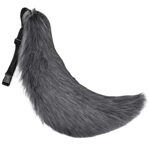 BEAHING Pelry Fox Tail, 27in Therian Tail Halloween Kostümzubehör Wolf Schwanz mit Gürtel für Erwachsene Kids Cosplay Party (Grau) von BEAHING