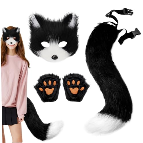 BEAHING Pelry Fox Wolf Cosplay -Set, Therian Maske und Schwanz Set Fox Mask Tail Paw Handschuhe Set Zeug Tier Cosplay Kostüm für Frauen Männer Party Dress -up Party von BEAHING