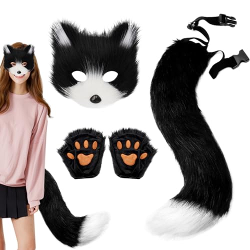 BEAHING Therian Maske und Heckset, pelzige Fuchsmaske, Pfotenhandschuhe ＆ Tail Halloween Zeug Wolf Kostüm für Kostümparty von BEAHING