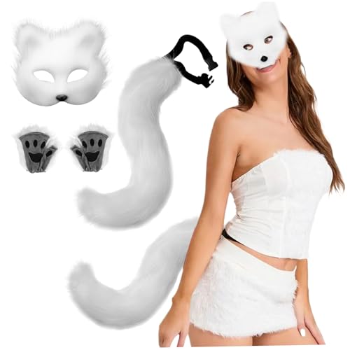 BEAHING Therian Maske und Schwanz, Fuchsmaske und Schwanz mit Fox Paws Realistische personalisierte Therian Maske und Schwanz dekoratives pelziges Kostüm für Cosplay -Party Halloween Masquerade, Weiß von BEAHING