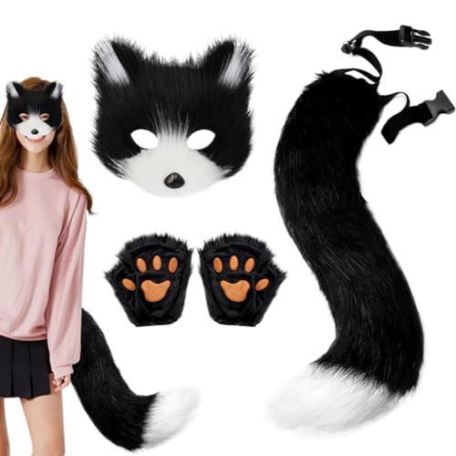 BEAHING Wolf Cosplay -Kostüm -Set, Therian Maske und Tail Set Pelry Fox Kostümset enthält Maske, Pfotenhandschuhe ＆ Schwanz für Halloween -Party von BEAHING