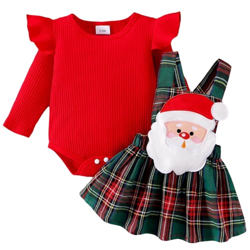 Baby-Mädchen-Weihnachts-Outfit, süßes Baby Weihnachts-Outfit mit geripptem Rüschen Langarm strahlender Top und Santa Claus Plaid Hosentender Rock für 6-12 Monate Baby, Weihnachtskleid Baby Mädchen von BEAHING