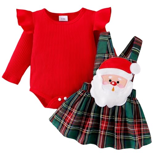 Baby-Mädchen-Weihnachts-Outfit, süßes Baby Weihnachts-Outfit mit gerippten Rüschen Langarm Strampler Top und Santa Claus Plaid Hosentender Rock für 3-6 Monate Baby, Weihnachtskleid Baby Mädchen von BEAHING