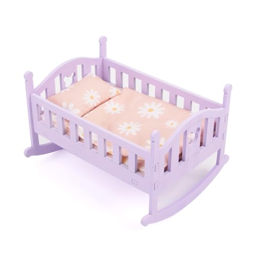 Babypuppenbett, Babypuppenkrippe, Holzbabypuppenbett Set große Amplitude Schwingende Designpuppenbett, Puppenbett mit Puppenbettwäsche Set für Kinder tun Spielspielzeug, lila, Puppenbett von BEAHING