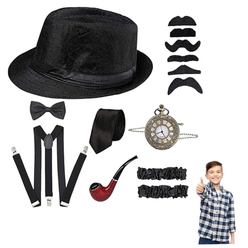 Kostüm für Kinder, Gangster Kostüm Kids, 1920er Kostüm für Kinder umfasst Fedora Hut, Krawatte, Bogen, Hosenträger, Pocket Watch und mehr, Kinder -Sachen für Abschlussball, Party, Dress -up, Fedora - von BEAHING