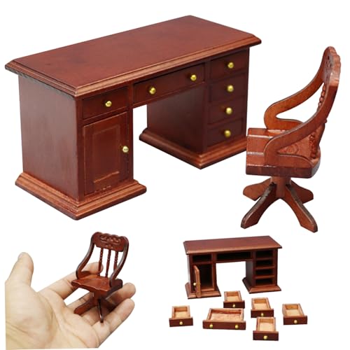 BEAHING Miniaturschreibtisch, Puppenhaustisch und Stuhl 1/12 Hölzer Dollhouse Möbel Set mit Miniaturschreibtisch & Stuhl Retro Mini Dollhouse Möbel für Puppenhaus -Szenendekoration von BEAHING