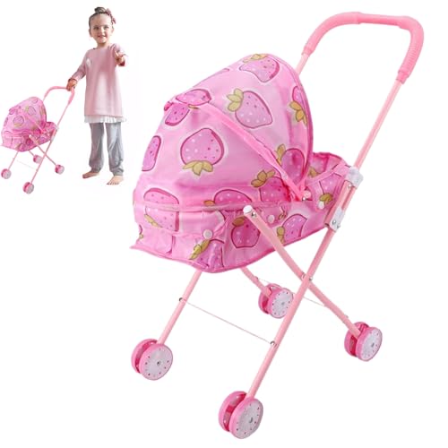 Puppenwagen, Babypuppenpropessstuhl, Cartoon Muster Doll Kinderwagen falten Puppenwagen mit T-förmiger Sicherheitsgürtel und Push-Griff für Mädchen Rollenspiel, Strawberry, Baby Kinderwagen für Puppe von BEAHING