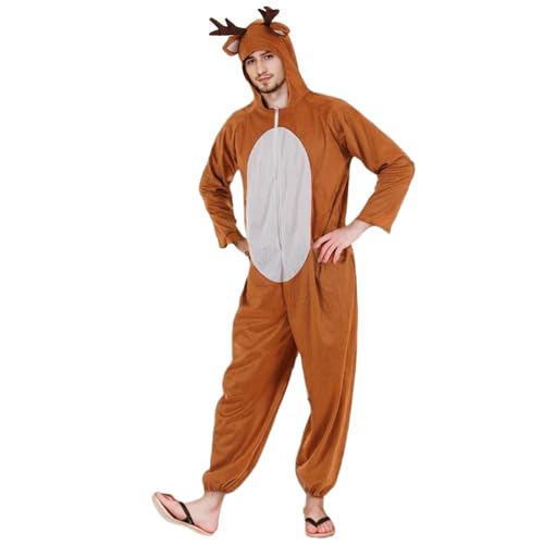 Rentierkostüm, Cartoon -Kapuze -Hirschkostüm mit Geweihen, Hirschohren und Schwanz, Reißverschluss Hirsch -Strampler Erwachsener für Männer Frauen Weihnachten Halloween Jumpsuit Cosplay, L Hirschkost von BEAHING