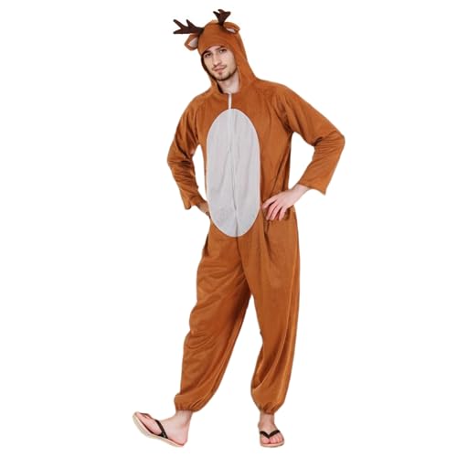 Rentierkostüm, Cartoon -Kapuze -Hirschkostüm mit Geweihen, Hirschohren und Schwanz, Reißverschluss Hirsch -Strampler für Männer Frauen Weihnachten Halloween Jumpsuit Cosplay, M Deer Kostüm für Frauen von BEAHING