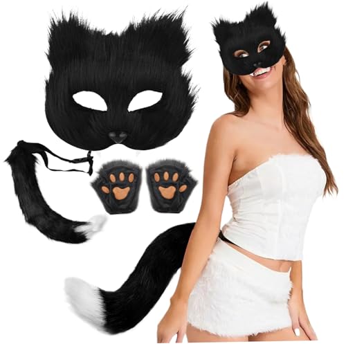 Therian Maske, 3pcs/Set Therian Ausrüstung, Therian Maske und Schwanz, Handschuhe Set halb Gesichtsfuchsmaske mit verstellbarem Schnallen pelziger Schwanz für Halloween -Cosplay -Fuchsmaske, Schwarz von BEAHING