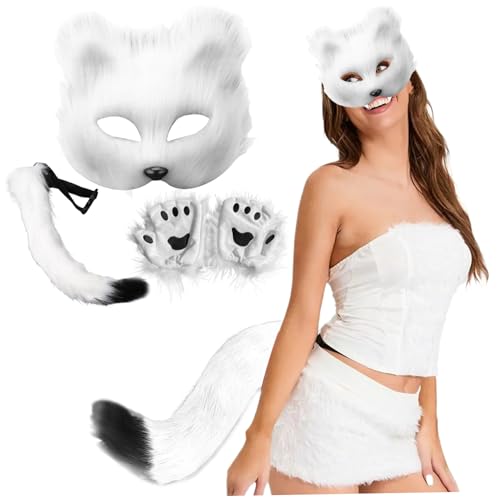 Therian Maske, 3pcs/Set Therian Ausrüstung, Therian Maske und Schwanz, Handschuhe Set halb Gesichtsfuchsmaske mit verstellbarem Schnallen pelziger Schwanz für Halloween -Cosplay -Fuchsmaske, Weiß von BEAHING