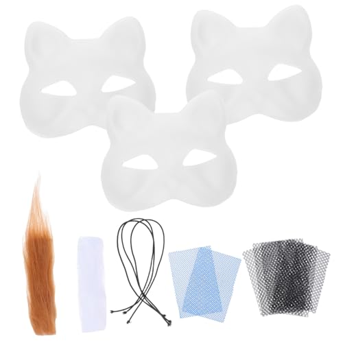 BEBEMOKO Weiße Katze Anzug Katze Gesichtsmaske Theiran Maske Tiermaske Fuchsmaske für Weihnachten Fuchsmaske DIY Halloween DIY Masken Wolf Masken DIY Weiß Blank Wolf Masken zum Dekorieren PVC von BEBEMOKO