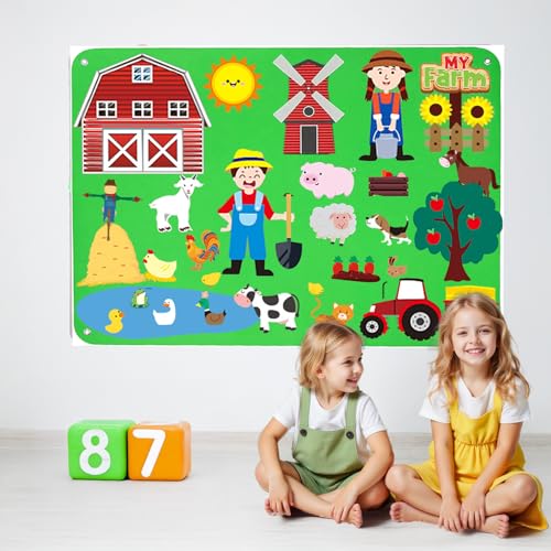 BEBEVOGUE Farmtiere Filz-Erzählbrett-Set – 3,5 Fuß Flanell Frühlern-Spielset mit 40 Bauernhof-Filzteilen – Interaktives Erzählspielzeug für Kleinkinder und Kinder von BEBEVOGUE