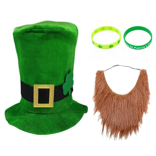 BEENODI St. Patrick's Day-Kostüm, inkl. St. Patrick's Day-Hut, Koboldhut und Koboldbart und 2 Armbänder (grün und leuchtend), Größe passt den meisten Erwachsenen, für alle Arten von Maskerade-Partys von BEENODI