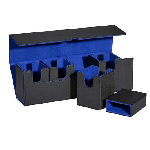 BEEOFICEPENG 1 Stück Kartenaufbewahrungsbox mit Tablett, Schwarz-Blaues PU-Deckgehäuse mit Seitlicher Lademöglichkeit, Spielkartenbox von BEEOFICEPENG