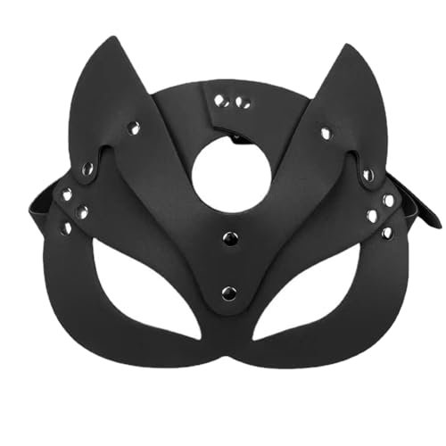 BEEOFICEPENG Frauen-Katzenmaske, Halbes Gesicht, Katzenmaske, Leder, Katzenohren, Maske, Cosplay-Kostüm, Schwarz von BEEOFICEPENG