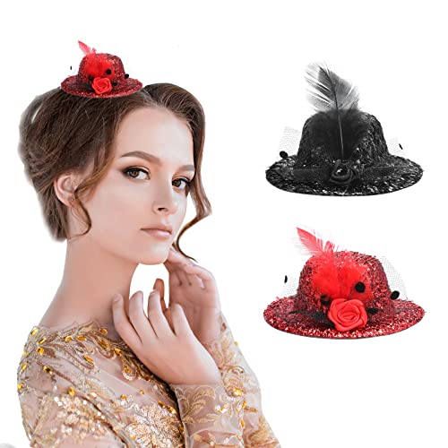 BEIMEIII 2 Stücke mini hut karneval fascinator haarreif mini zylinder hut Fascinator Hut Rot Schwarz Haarreif mit Hut Feder Schleier Mesh für Kostüm KarnevalMottoparty von BEIMEIII